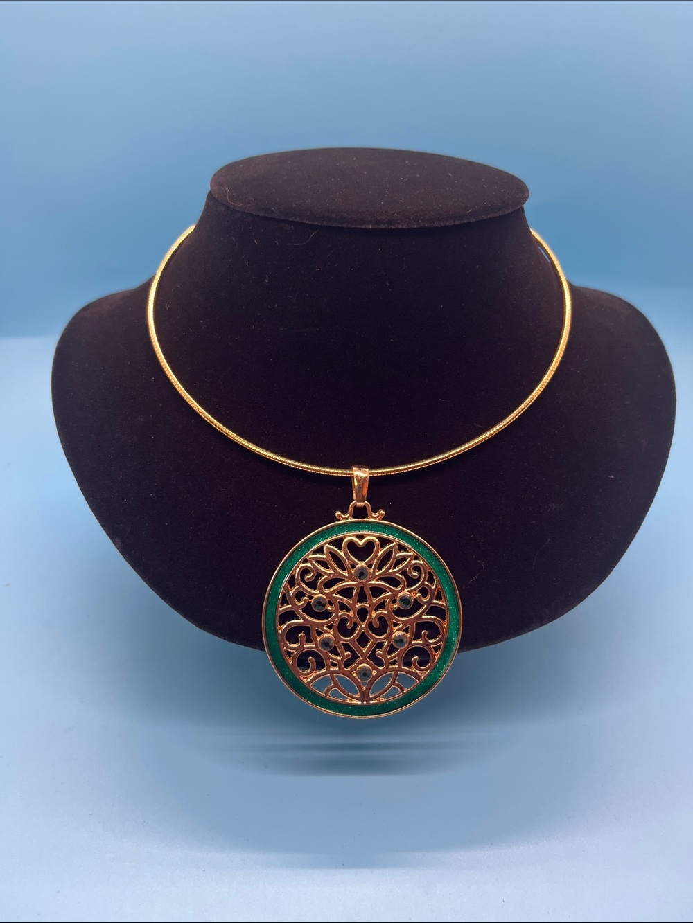 Gold-Tone Filigree Tree of Life Pendant Necklace with Green Enamel